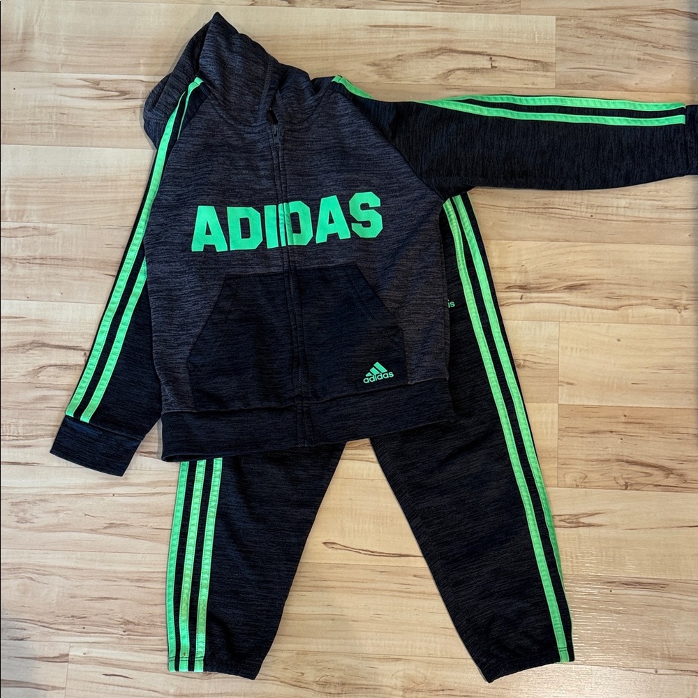 adidas Black Kids Hoodie & Joggers with Neon Green Stripes